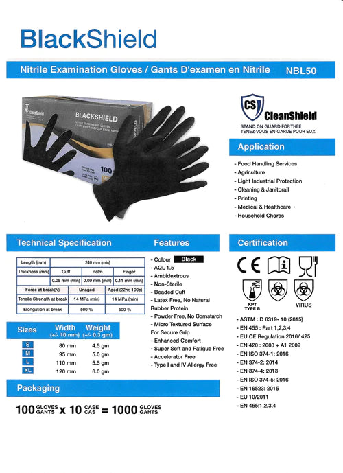 Gants d'examen en nitrile CleanShield Black Shield - (1 000 gants/caisse) 