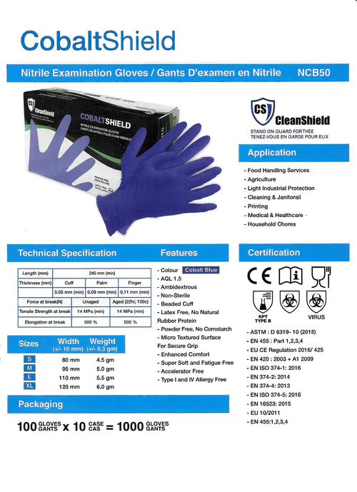 Guantes de examen de nitrilo CleanShield Cobalt Shield (1000 guantes/estuche) 